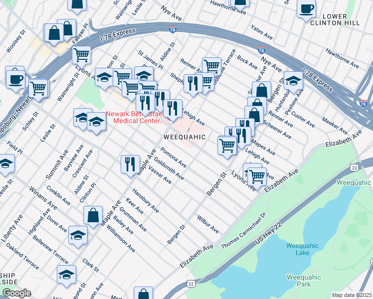 map of restaurants, bars, coffee shops, grocery stores, and more near 149 Weequahic Avenue in Newark
