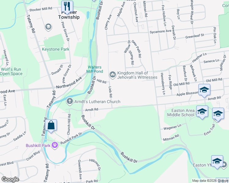 map of restaurants, bars, coffee shops, grocery stores, and more near 1301 Lieb Rd in Easton