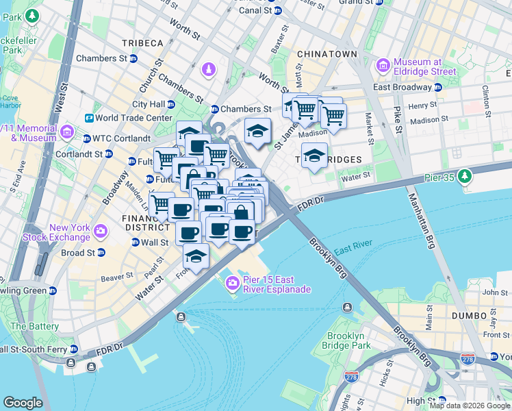 map of restaurants, bars, coffee shops, grocery stores, and more near 273 Water Street in Brooklyn