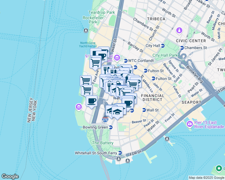 map of restaurants, bars, coffee shops, grocery stores, and more near 100 Washington Street in New York