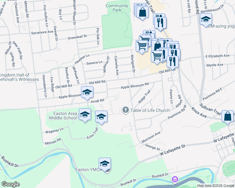 map of restaurants, bars, coffee shops, grocery stores, and more near 9 Brandywine Court in Easton