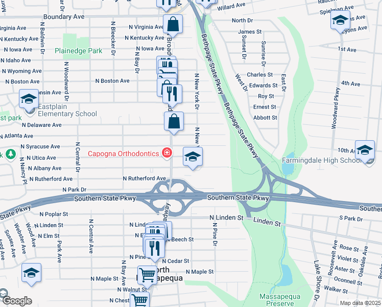 map of restaurants, bars, coffee shops, grocery stores, and more near 189 North Utica Avenue in Massapequa