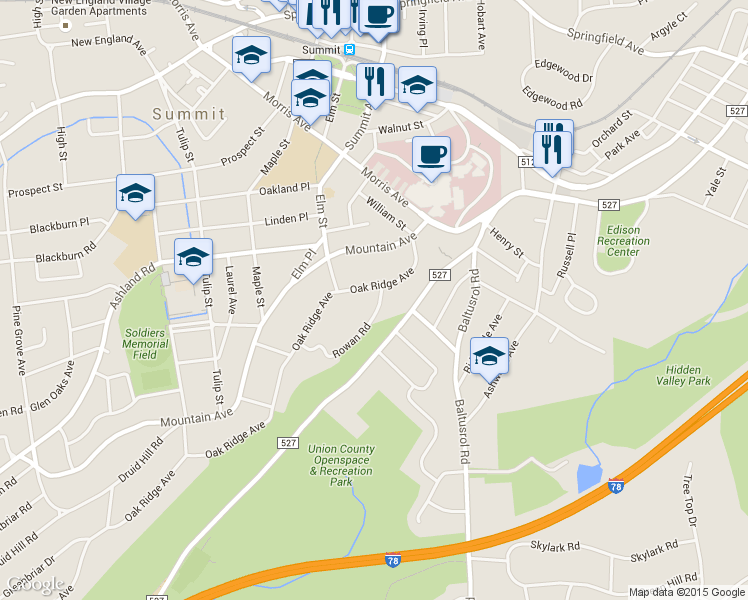 map of restaurants, bars, coffee shops, grocery stores, and more near 45 Rowan Rd in Summit