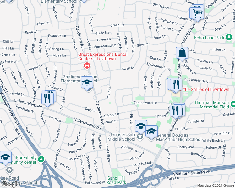 map of restaurants, bars, coffee shops, grocery stores, and more near 133 Sprucewood Drive in Levittown