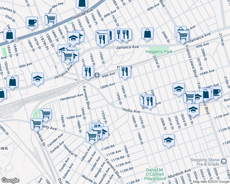 map of restaurants, bars, coffee shops, grocery stores, and more near 100-34 195th Street in Queens