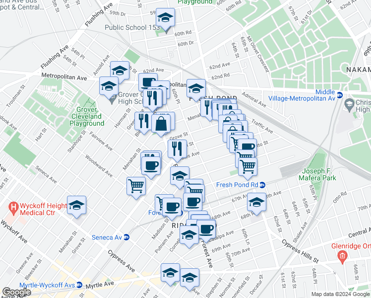 map of restaurants, bars, coffee shops, grocery stores, and more near 65-06 60th Place in Queens