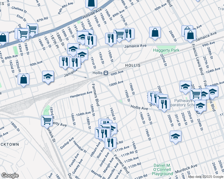 map of restaurants, bars, coffee shops, grocery stores, and more near 192-25 Hollis Avenue in Queens