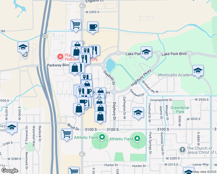 map of restaurants, bars, coffee shops, grocery stores, and more near 2844 Old Arbor Lane in West Valley City