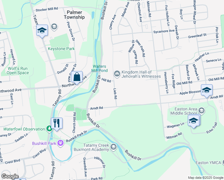 map of restaurants, bars, coffee shops, grocery stores, and more near 1302 Lieb Road in Easton