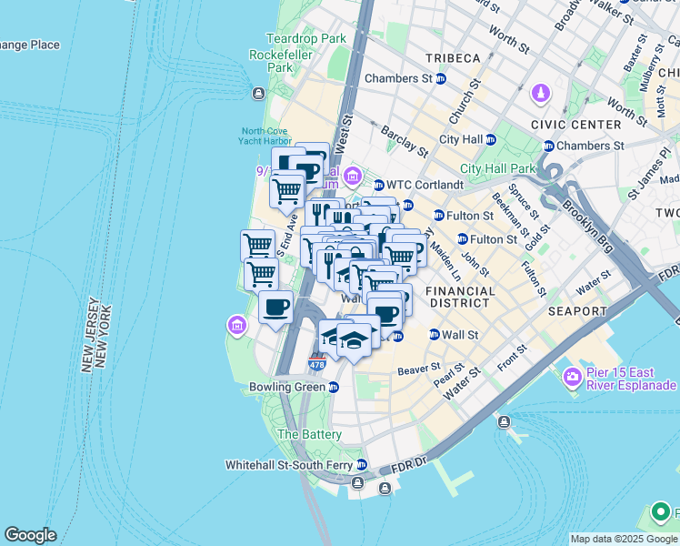map of restaurants, bars, coffee shops, grocery stores, and more near 109 Washington Street in New York