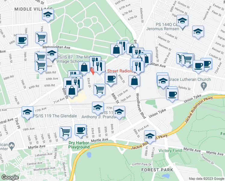 map of restaurants, bars, coffee shops, grocery stores, and more near 73-15 88th Street in Queens