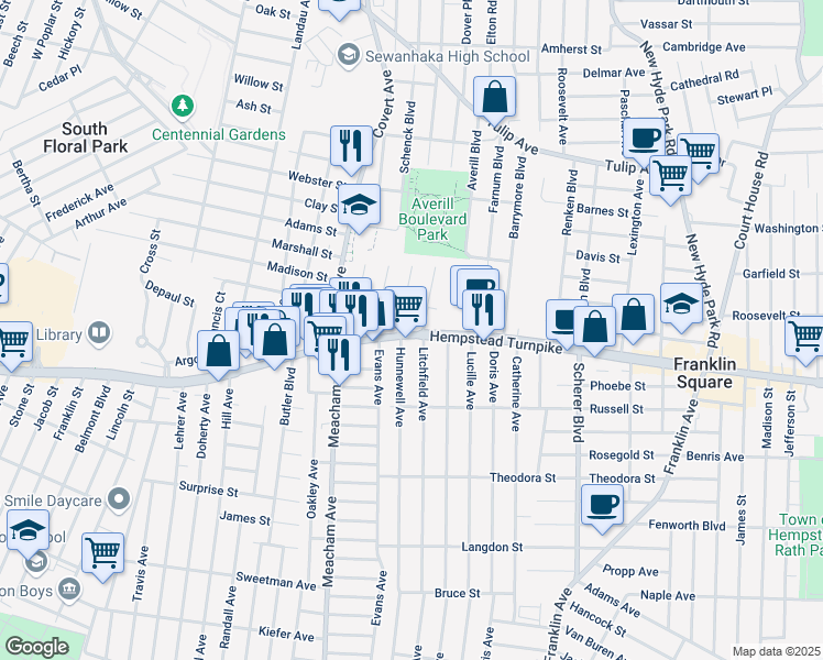 map of restaurants, bars, coffee shops, grocery stores, and more near 1276 Hempstead Turnpike in Elmont