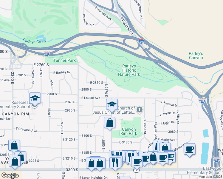 map of restaurants, bars, coffee shops, grocery stores, and more near 2885 South 2870 East in Salt Lake City