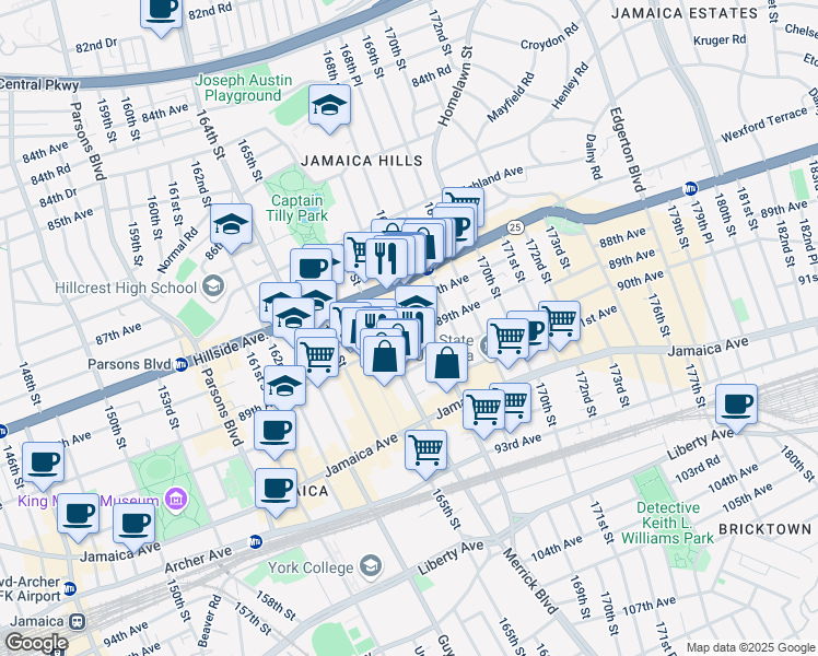 map of restaurants, bars, coffee shops, grocery stores, and more near 166-33 89th Avenue in Queens