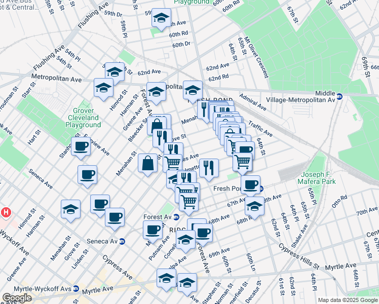 map of restaurants, bars, coffee shops, grocery stores, and more near 65-06 60th Place in Queens