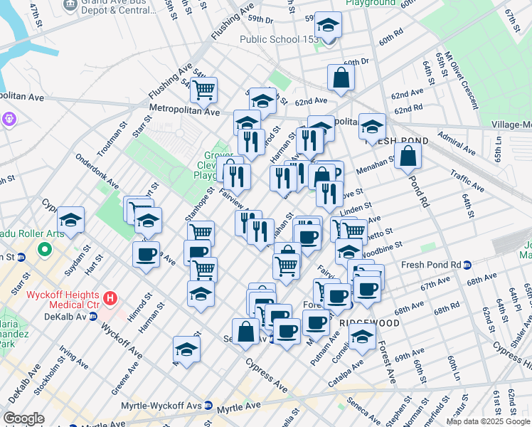 map of restaurants, bars, coffee shops, grocery stores, and more near 20-13 Bleecker Street in Queens