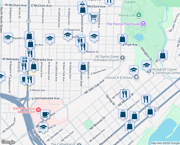map of restaurants, bars, coffee shops, grocery stores, and more near 1800 North Delaware Street in Peoria