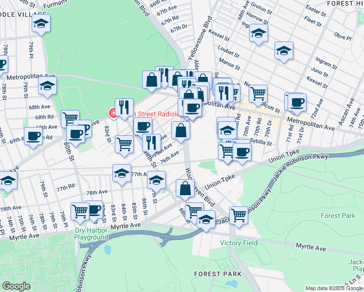 map of restaurants, bars, coffee shops, grocery stores, and more near 88-45 76th Avenue in Queens