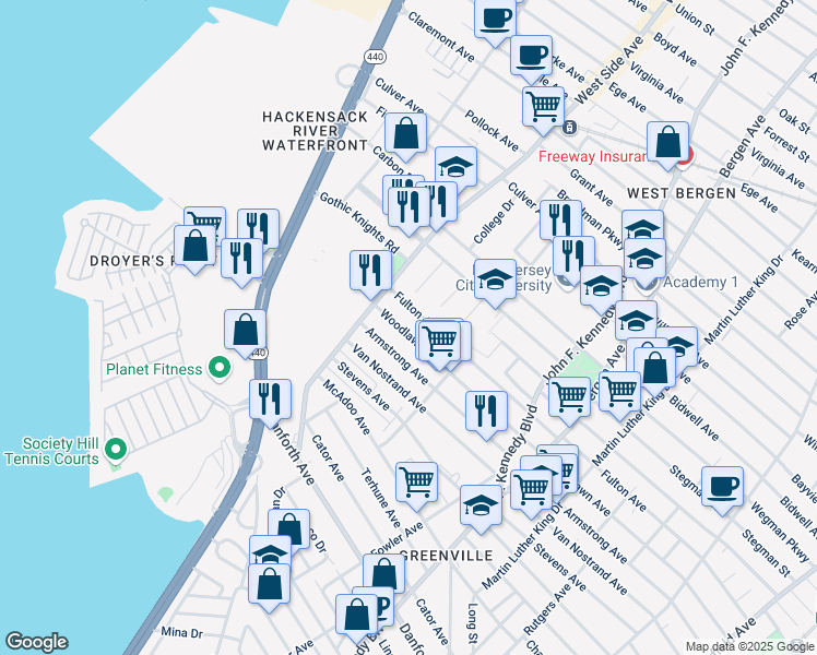 map of restaurants, bars, coffee shops, grocery stores, and more near 380 Woodlawn Avenue in Jersey City