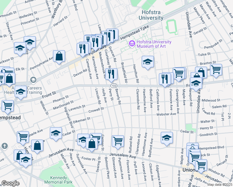 map of restaurants, bars, coffee shops, grocery stores, and more near 21 Beverly Road in Hempstead