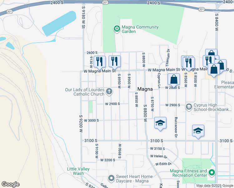 map of restaurants, bars, coffee shops, grocery stores, and more near 2852 S 8950 W in Magna