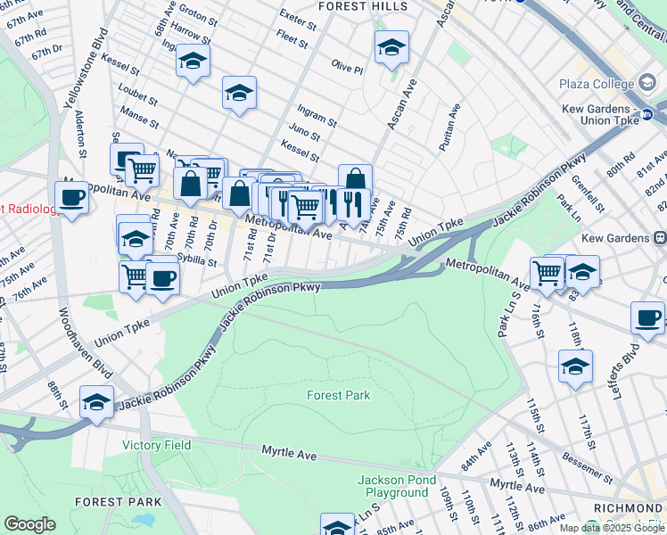 map of restaurants, bars, coffee shops, grocery stores, and more near 97-08 72nd Drive in Queens