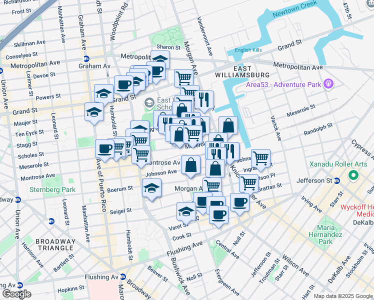 map of restaurants, bars, coffee shops, grocery stores, and more near 316 Meserole Street in Brooklyn