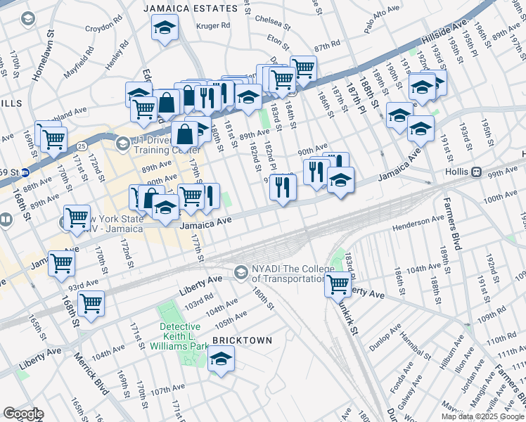 map of restaurants, bars, coffee shops, grocery stores, and more near 181-14 Jamaica Ave in Queens