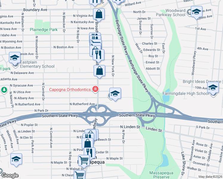 map of restaurants, bars, coffee shops, grocery stores, and more near 189 North Utica Avenue in Massapequa