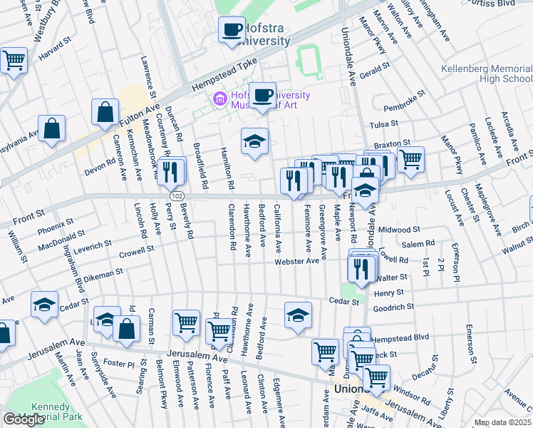 map of restaurants, bars, coffee shops, grocery stores, and more near 301 Bedford Avenue in Uniondale