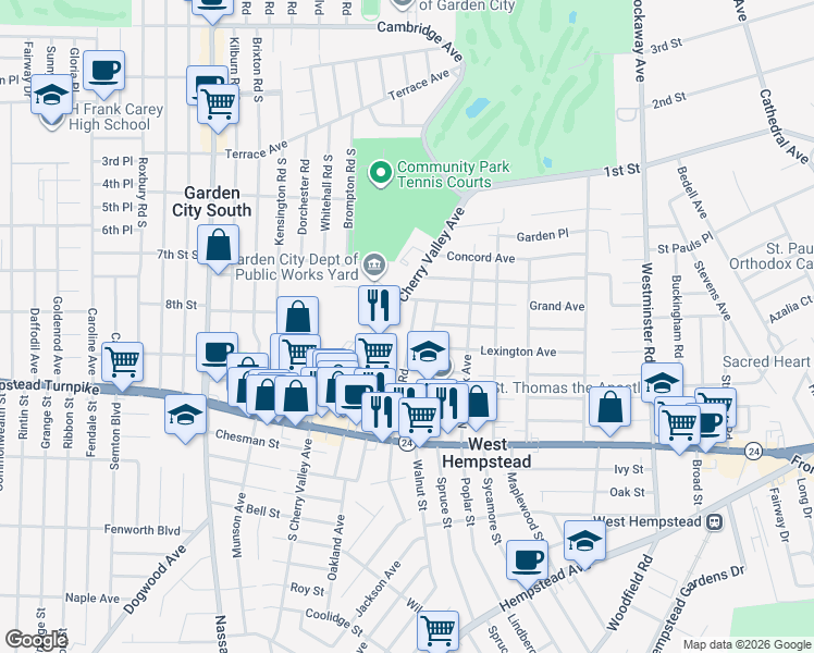 map of restaurants, bars, coffee shops, grocery stores, and more near 120 Osborne Road in West Hempstead