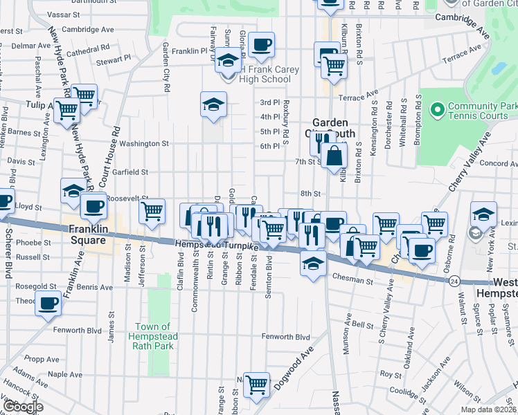 map of restaurants, bars, coffee shops, grocery stores, and more near 69 Carl Avenue in Franklin Square