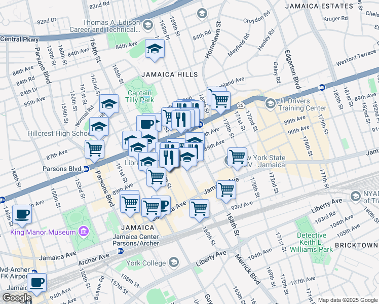 map of restaurants, bars, coffee shops, grocery stores, and more near 88-05 Merrick Boulevard in Queens