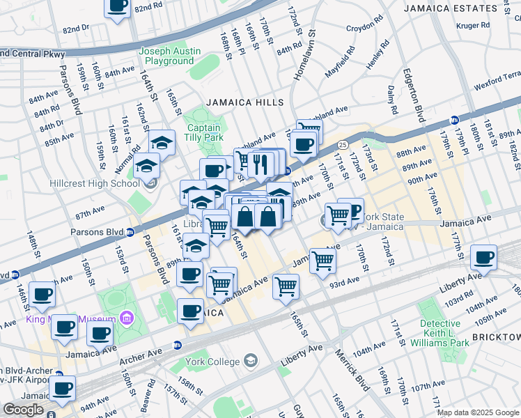 map of restaurants, bars, coffee shops, grocery stores, and more near 88-05 Merrick Boulevard in Queens