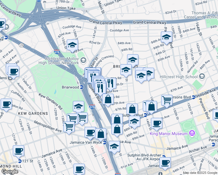 map of restaurants, bars, coffee shops, grocery stores, and more near 139-22 86th Avenue in Queens