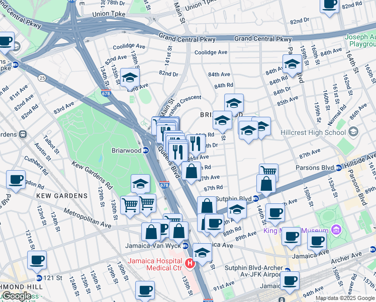 map of restaurants, bars, coffee shops, grocery stores, and more near 139-22 86th Avenue in Queens