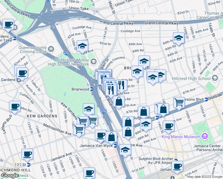 map of restaurants, bars, coffee shops, grocery stores, and more near 139-22 86th Avenue in Queens