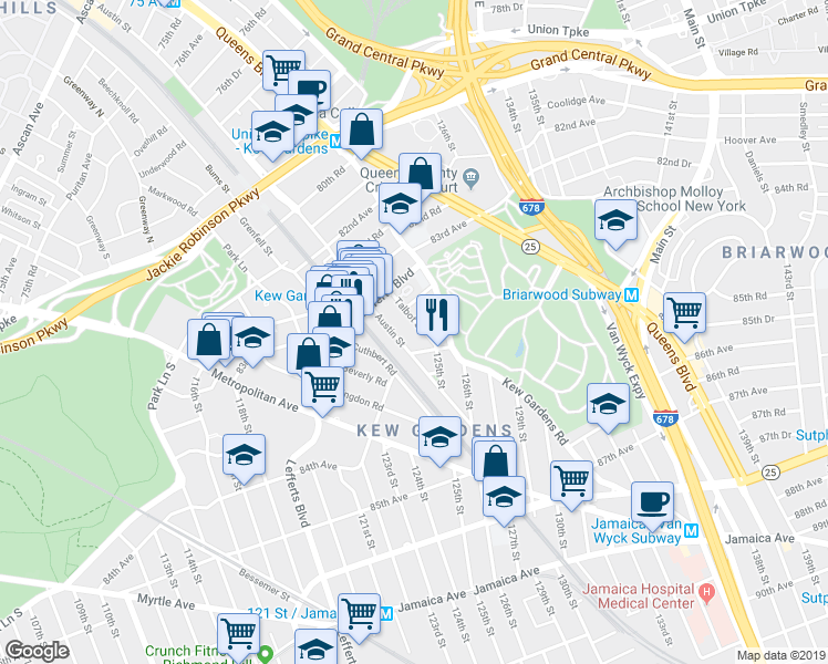 map of restaurants, bars, coffee shops, grocery stores, and more near 33 Austin Street in Queens