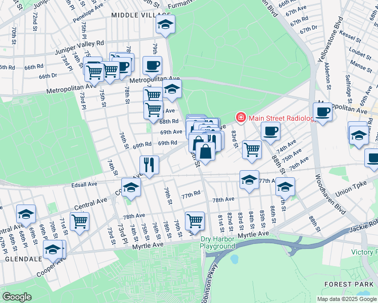 map of restaurants, bars, coffee shops, grocery stores, and more near 6 Valentine Place in Queens