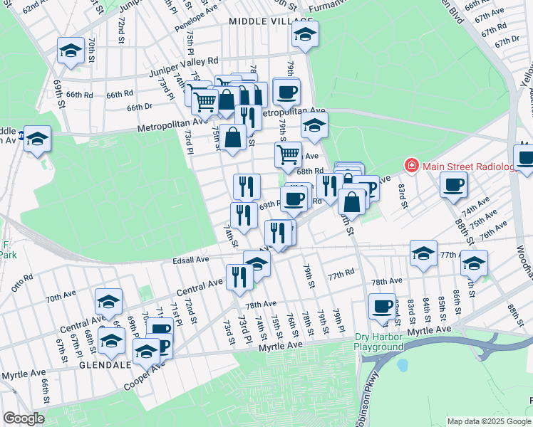 map of restaurants, bars, coffee shops, grocery stores, and more near 76-04 69th Road in Queens