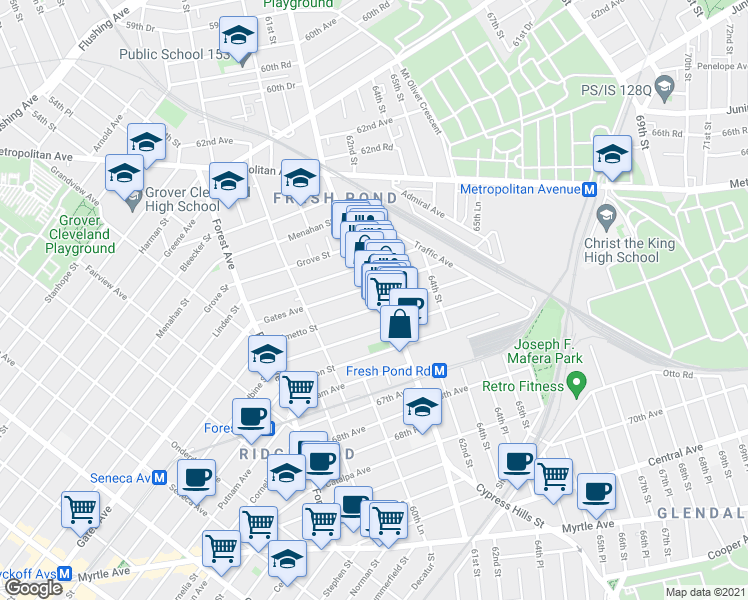 map of restaurants, bars, coffee shops, grocery stores, and more near 60-61 Palmetto Street in Queens