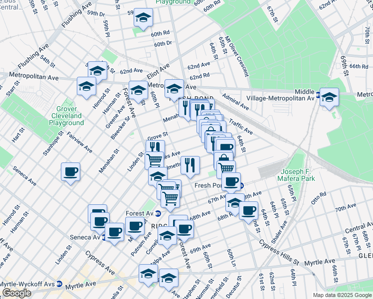 map of restaurants, bars, coffee shops, grocery stores, and more near 60-24 Gates Avenue in Queens