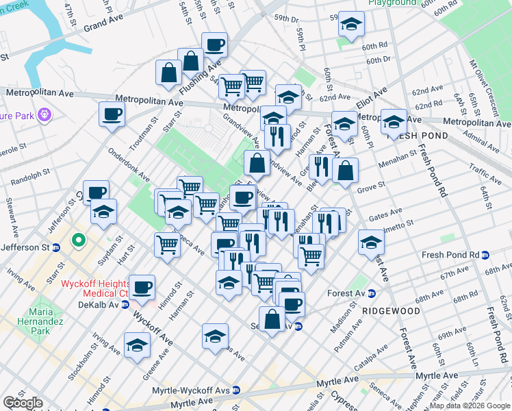 map of restaurants, bars, coffee shops, grocery stores, and more near 19-12 Himrod Street in Queens