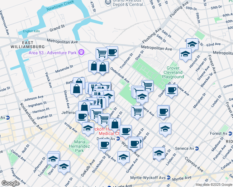 map of restaurants, bars, coffee shops, grocery stores, and more near 17-31 Willoughby Avenue in Queens
