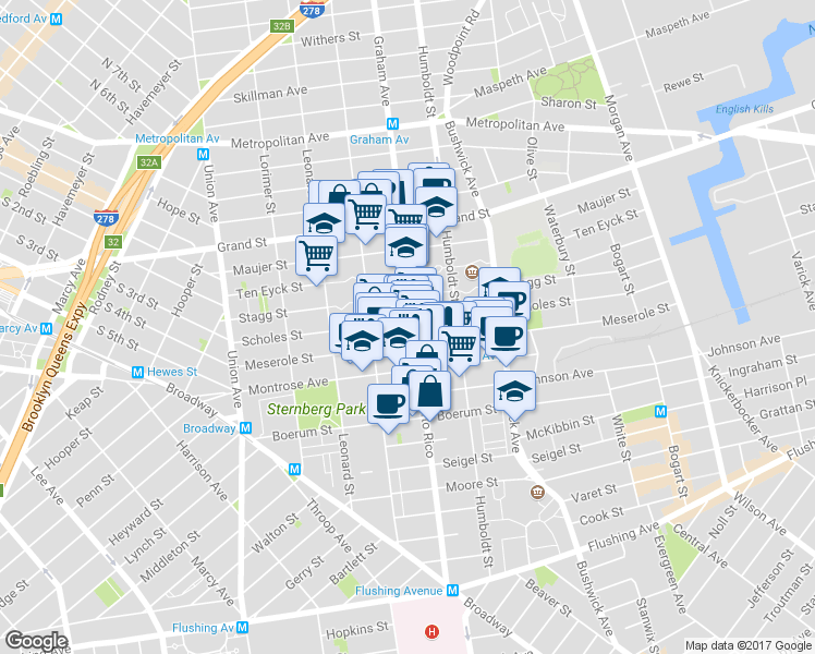 map of restaurants, bars, coffee shops, grocery stores, and more near 142 Scholes Street in Brooklyn
