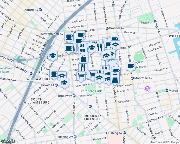 map of restaurants, bars, coffee shops, grocery stores, and more near 143 Leonard Street in Brooklyn