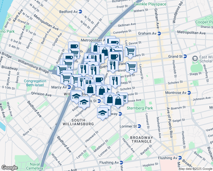 map of restaurants, bars, coffee shops, grocery stores, and more near 376 South 3rd Street in Brooklyn
