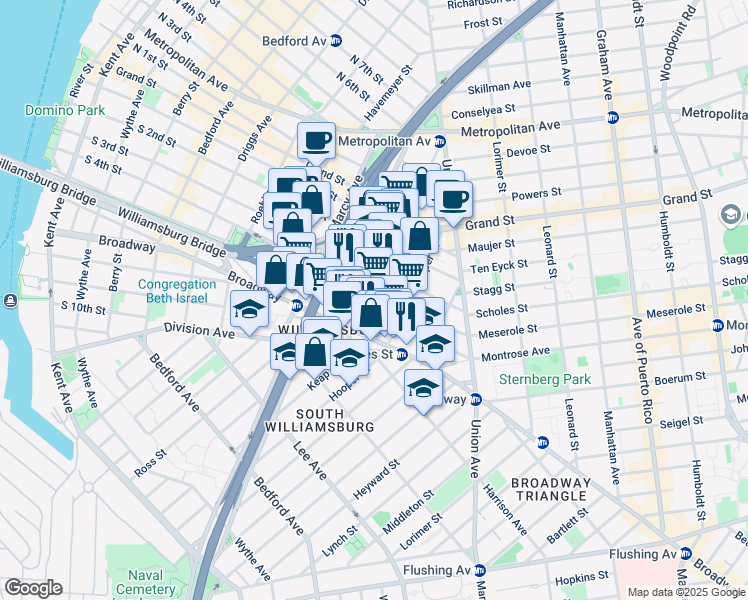 map of restaurants, bars, coffee shops, grocery stores, and more near 338 South 4th Street in Brooklyn