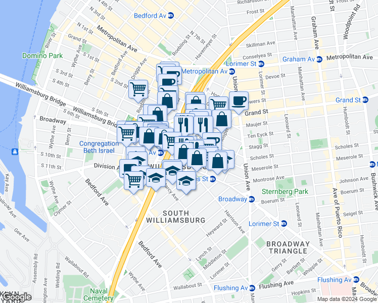 map of restaurants, bars, coffee shops, grocery stores, and more near in Brooklyn