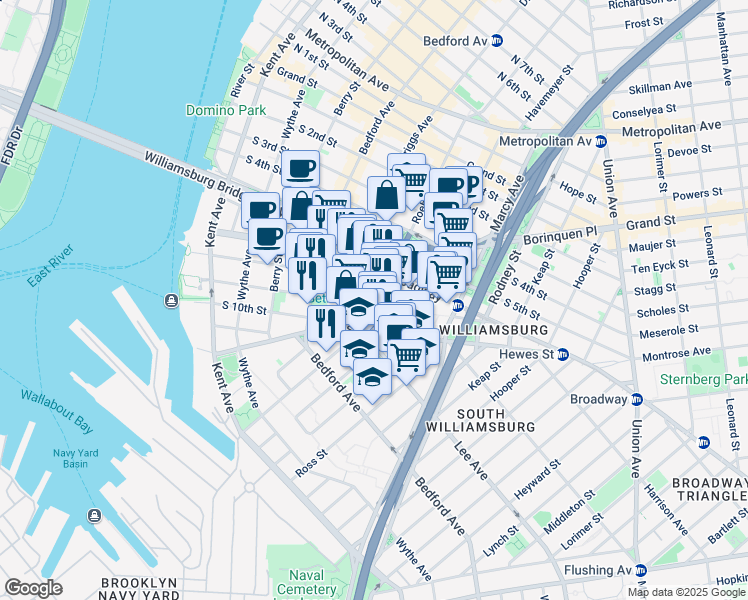 map of restaurants, bars, coffee shops, grocery stores, and more near 175 South 9th Street in Brooklyn
